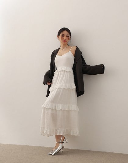 Layered Ruffle Hem Spaghetti Strap Cami Maxi Dress