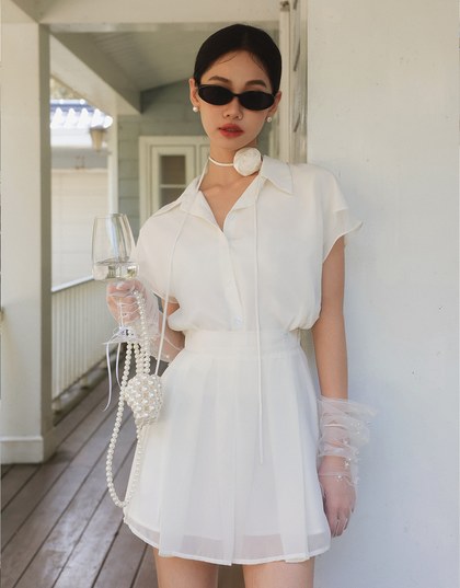 Chiffon Collared Short Sleeve Top And Flowy Pleated Mini Shorts Set Wear
