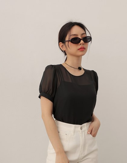 Sheer Puff Sleeve Mesh Top And Basic Camisole Set Wear