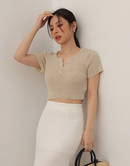 Short Sleeve Textured Knit Cropped Top with V-Neck Placket