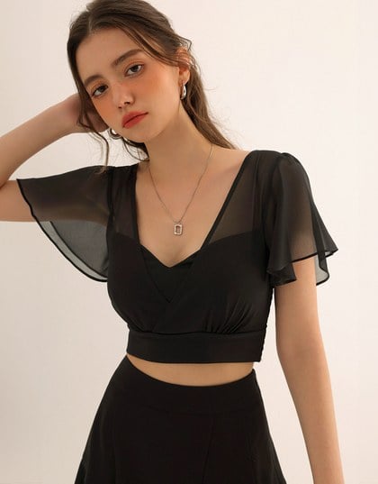 Sheer Chiffon Cross V Neck Flare Sleeve Padded Top