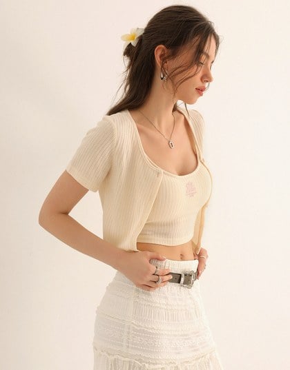 Short Sleeve Buttoned Knit Cardigan And AIR SPACE Logo Embroidered Ribbed Cami Padded Crop Top Set Wear