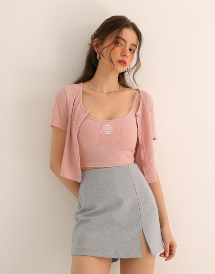 Short Sleeve Buttoned Knit Cardigan And AIR SPACE Logo Embroidered Ribbed Cami Padded Crop Top Set Wear