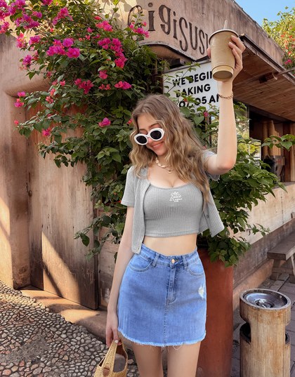 Short Sleeve Buttoned Knit Cardigan And AIR SPACE Logo Embroidered Ribbed Cami Padded Crop Top Set Wear