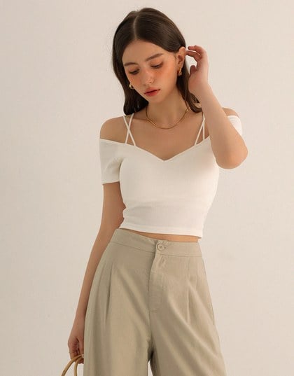 Sexy Off Shoulder Ribbed Knit Padded Top with Double Thin Straps