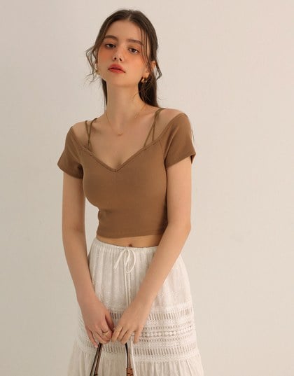 Sexy Off Shoulder Ribbed Knit Padded Top with Double Thin Straps
