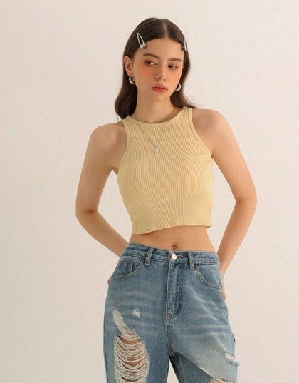 Minimalist Halter Neck Knit Padded Tank Top with Cross Back Tie Detail