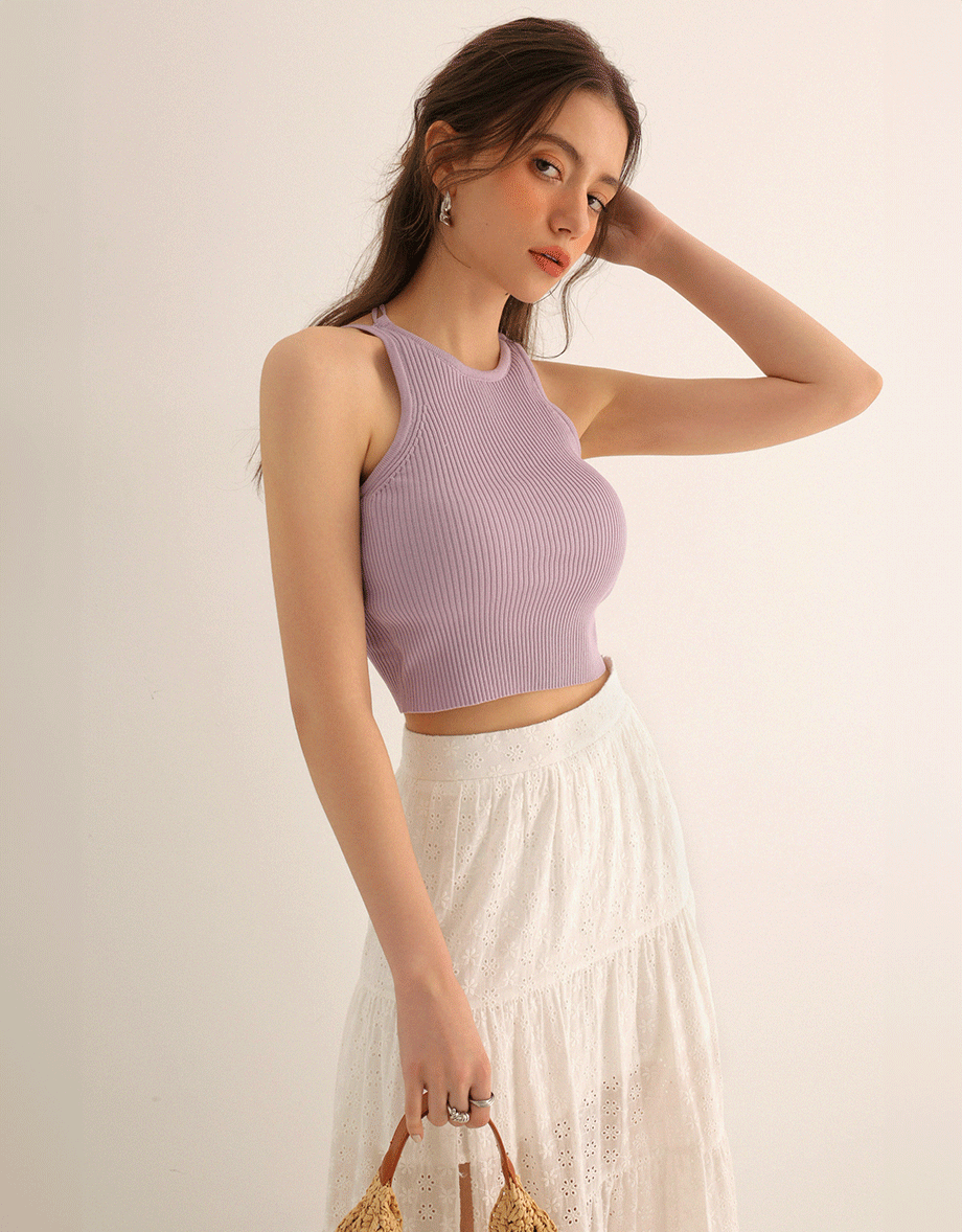 Minimalist Halter Neck Knit Padded Tank Top with Cross Back Tie Detail