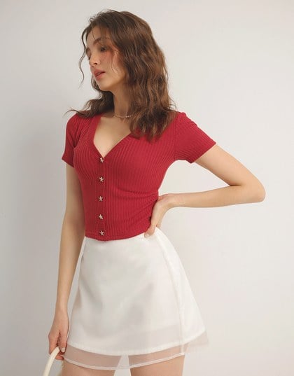 V Neck Starfish Button Ribbed Knit Fitted Top