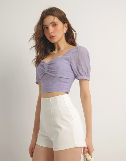 Square Neck Textured Puff Sleeve Cropped Top with Ruched Front Detail