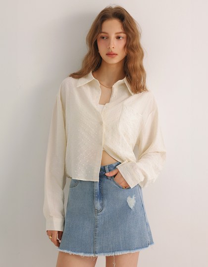Heart Patterned Dot Button Up Blouse with Relaxed Collar Design
