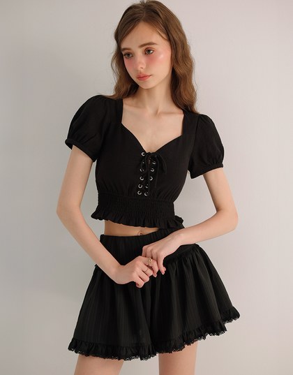 Puff Sleeve Smocked Hem Crop Top with Lace Up Front Detail