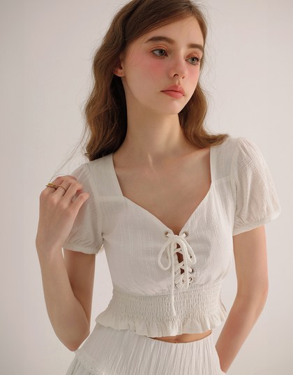 Puff Sleeve Smocked Hem Crop Top with Lace Up Front Detail