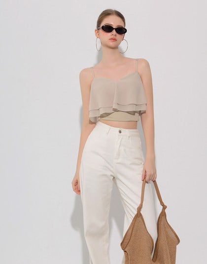 Double Ruffled Layered Chiffon Padded Camisole Top with Adjustable Straps