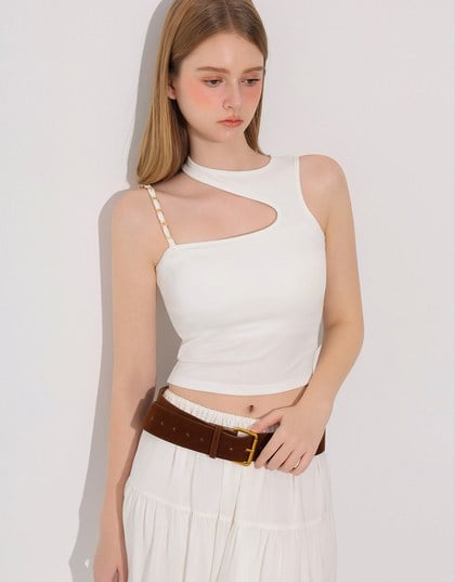 Asymmetric Cut Out Knit Padded Tank Top with Chain Strap