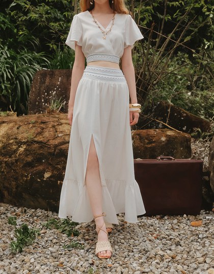 Elastic Embroidered Waist Side Slit Maxi Skirt