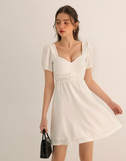 Ruched Front Puff Sleeve Mini Dress with Back Cut out Detail