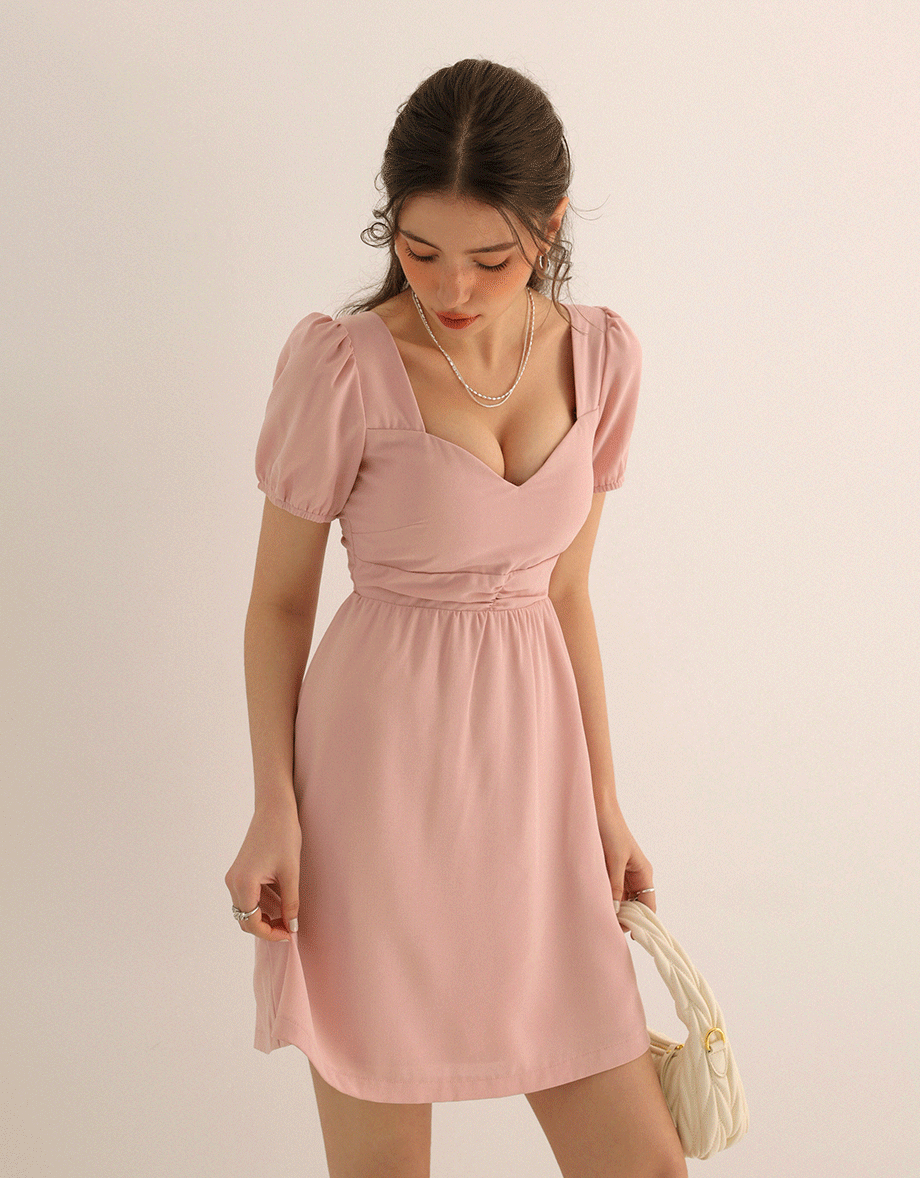 Ruched Front Puff Sleeve Mini Dress with Back Cut out Detail