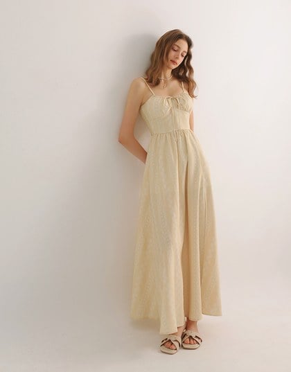 Dainty Floral Embroidery Tie Front Padded Flowy Maxi Dress