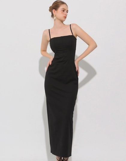 AIRY HOURGLASS Fitted Square Neck Padded Maxi Dress with Back Slit and Adjustable Straps