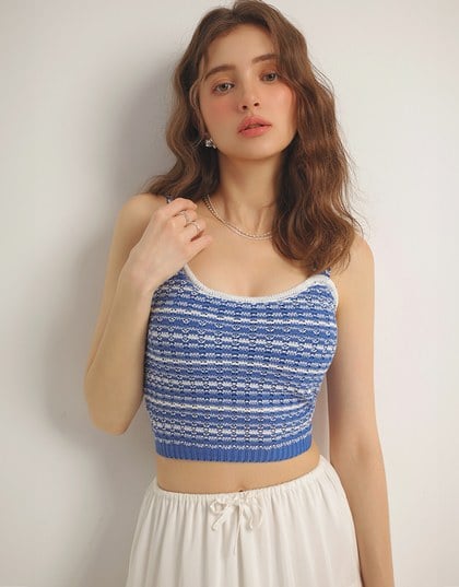 Retro Striped Knit Padded Tank Top with Contrast Trim