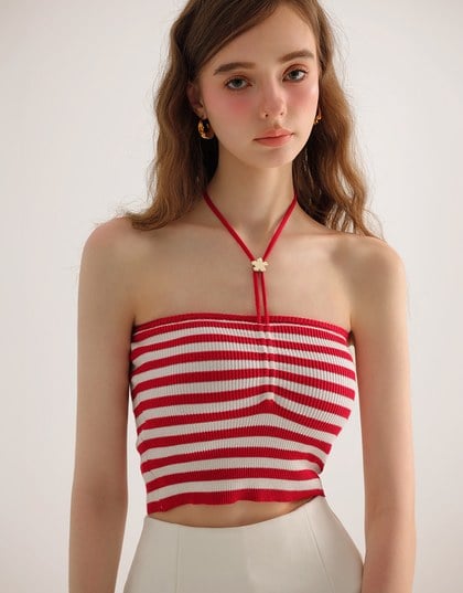 Striped Halter Neck Cropped Knit Top with Floral Bead Accent