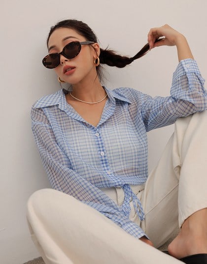 Sheer Gingham Bubble Long Sleeve Blouse with Drawstring Hem