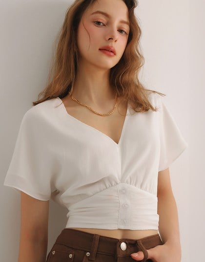 V Neck Ruched Waist Wrap Back Short Sleeve Top