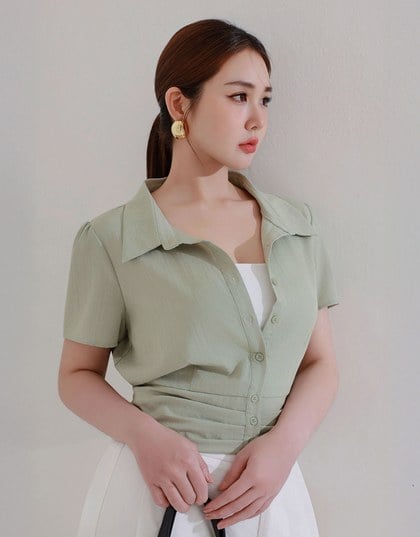 Ruched Waistband Puff Sleeve Shirt