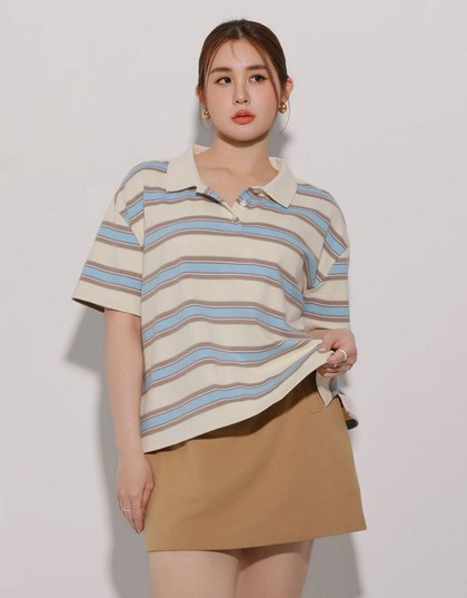 Oversized Polo Knit Top with Retro Stripes– Cream