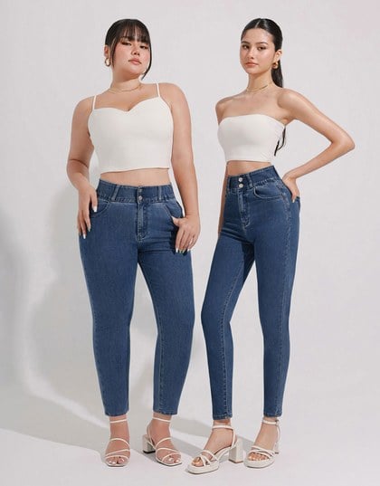 Cooling Fabric Double Button Jeans Denim Skinny Pants with Heart Pocket Stitching