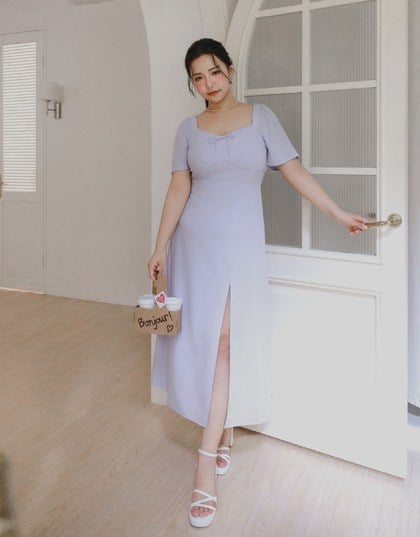Maxi Dress with Side Slit and Bow Detail at Neckline