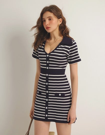 Striped Knit Mini Dress with Collar and Decorative Buttons