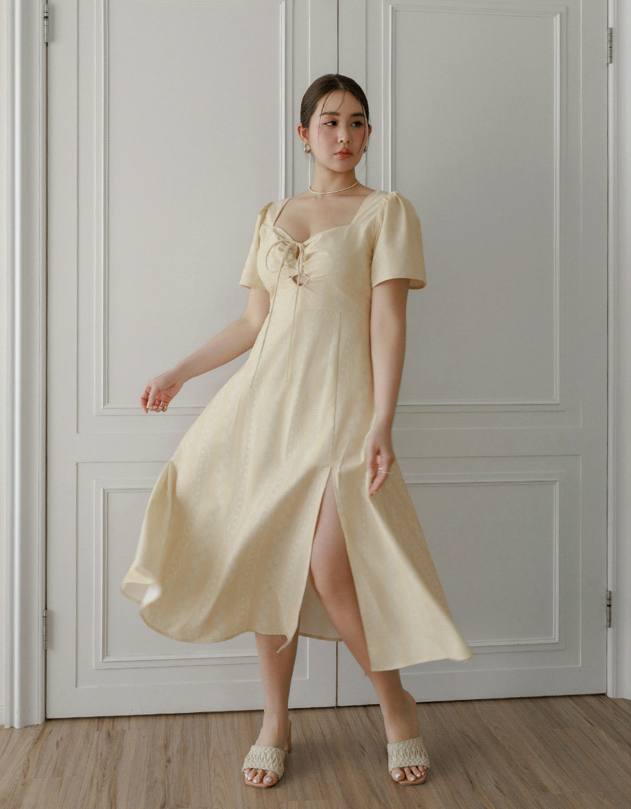 Dainty Floral Embroidery Front Tie Cut Out Padded Flowy Maxi Dress