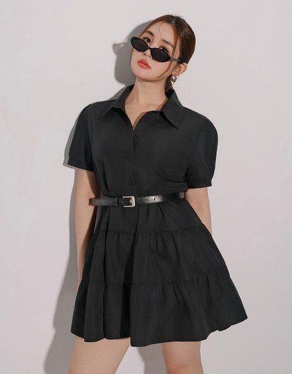 Button Down Puff Sleeve Flare Hem Tiered Mini Shirt Dress