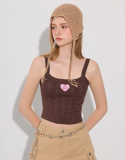 Ribbed Cable Knit Crop Tank Top with AIR SPACE Logo Embroidered Heart Detail