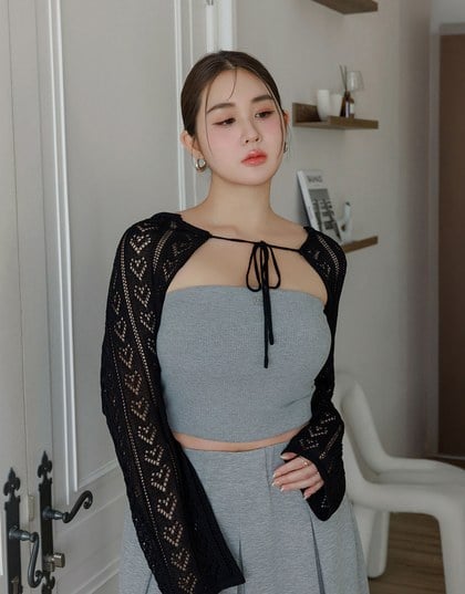 Open Knit Crop Cardigan with Heart Cut Outs Design