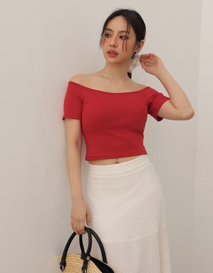 Basic Off Shoulder Stretch Padded Cropped Top
