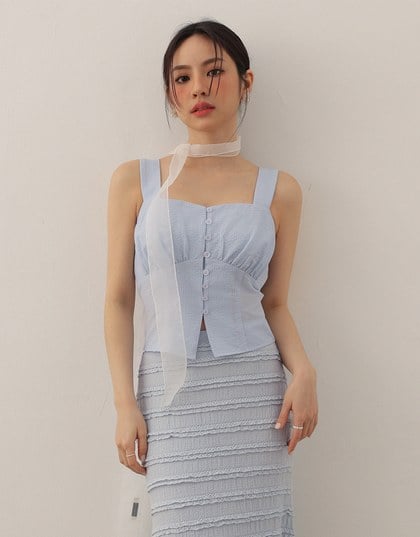 Ruched Front Sleeveless Vest Top with Button Accent
