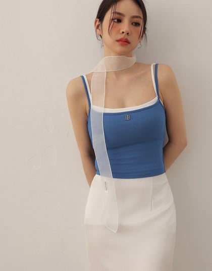 AIR SPACE Logo Embroidered Ribbed Spaghetti Strap Cami Padded Top