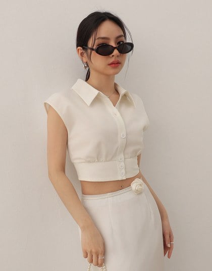 Cropped Button Down Collared Shirt with Cap Sleeves