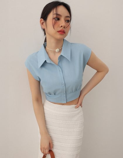 Cropped Button Down Collared Shirt with Cap Sleeves