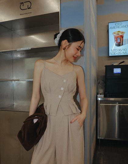 Asymmetric Neckline Button Up Pleated Spaghetti Strap Camisole Top