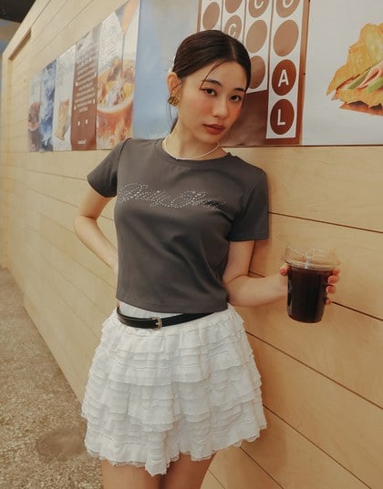 Short Sleeve Rhinestone Lettering Fitted Cropped Tee