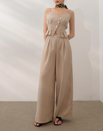 Straight Cut Pleated Tailored Wide Leg Long Trousers