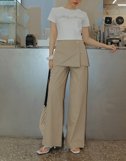 Faux 2 Piece Skirt Overlay Wide Leg Pants