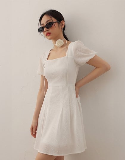AIRY HOURGLASS Puff Sleeve A Line Mini Dress with Elegant Square Neckline