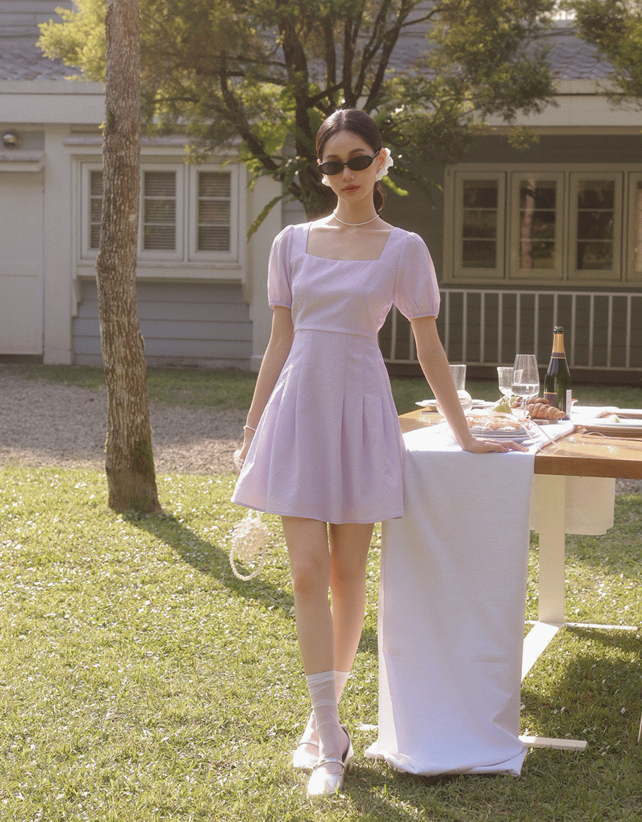 AIRY HOURGLASS Puff Sleeve A Line Mini Dress with Elegant Square Neckline