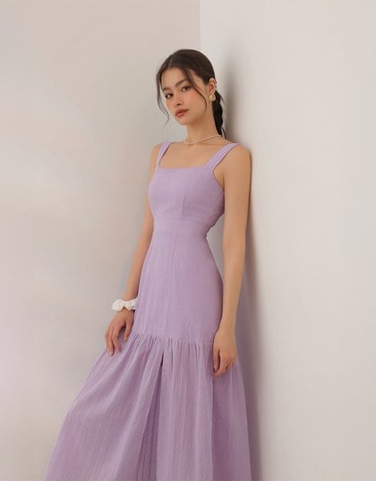 Textured Dot Jacquard Flared Maxi Dress with Slit Detail