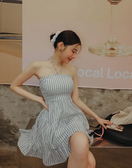 2 Way Halter Tie Gingham Padded Mini Dress with Ruffle Trim